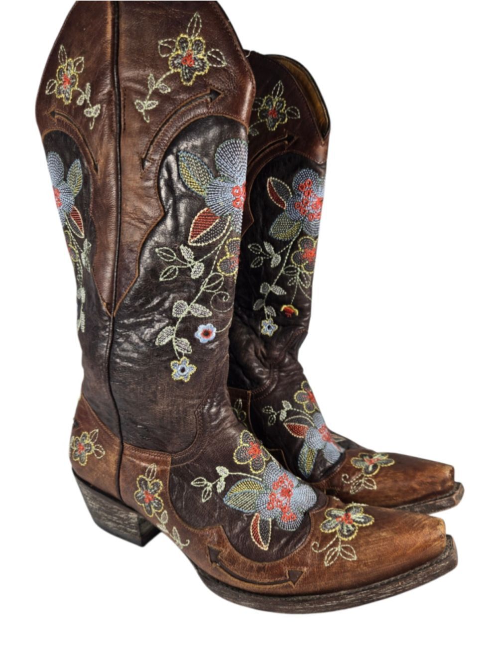 Old Gringo Floral Bonnie Leather Distressed Brown Snip Toe Cowboy Boot Sz 8